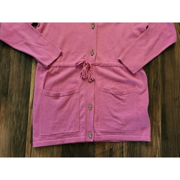 New Pink Hooded Mid Length Light Cardigan Sweater Tie Waist Pockets Marble Sz XS - Picture 2 of 7